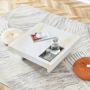 31.4" Modern Square Coffee Table| Faux Marble Top Wooden Center Table for Living Room
