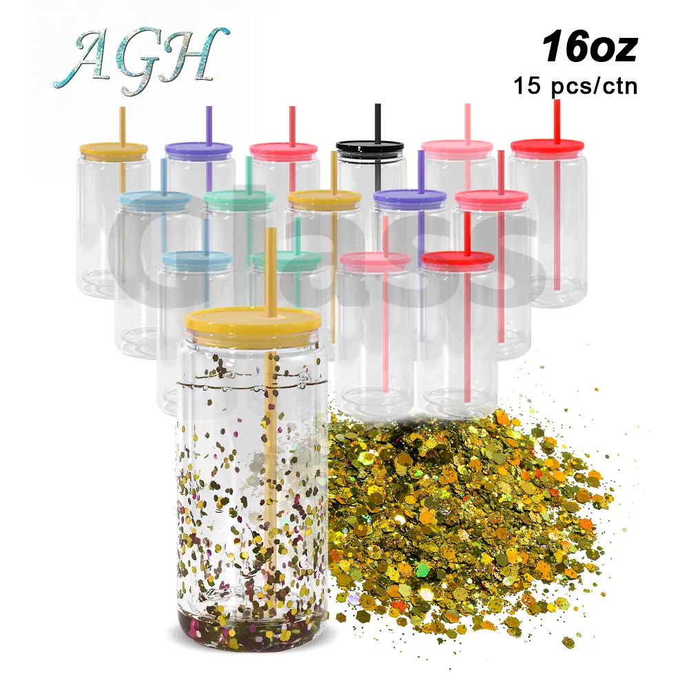 AGH US New 15pcs/25pcs per carton 16OZ Snow Globe Glass Double Wall Colorful Sublimation Glass Beer Can Tumblers With Pre Drilled Hole And Plugs