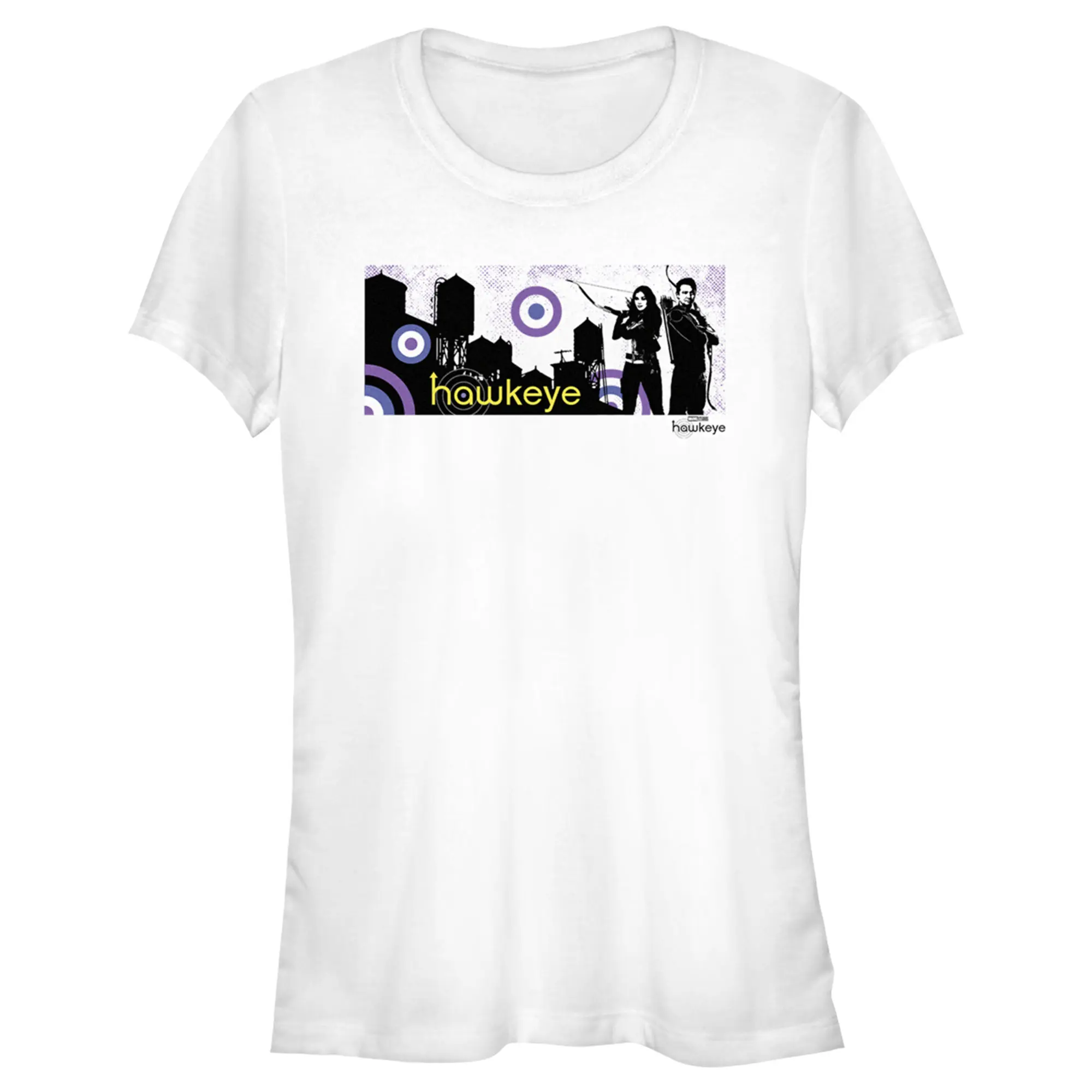 Juniors Womens Marvel Hawkeye Cityscape T-Shirt