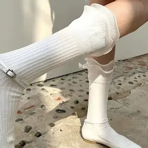2 pairs of white ballet-style double-layer ruffle socks for women, mid-calf summer thin pleated calf socks, niche stacked socks