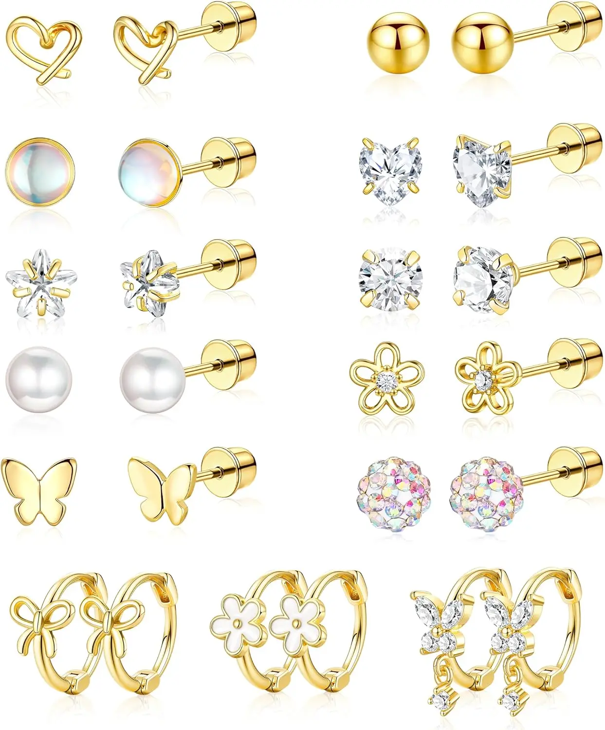 Hypoallergenic Surgical Stainless Steel Earrings for Girls Kids Jewelry - Screw Back Earrings for Sensitive Ears Cute Flower Heart Pearl bow Earrings for Women