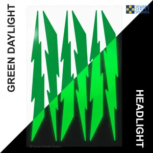 6 Green Lightning Bolts Reflective Decal Set, Six Lightning Bike Frame Reflector Stickers Kit, Motorcycle Helmet Transfers Sheet / #674R-Green