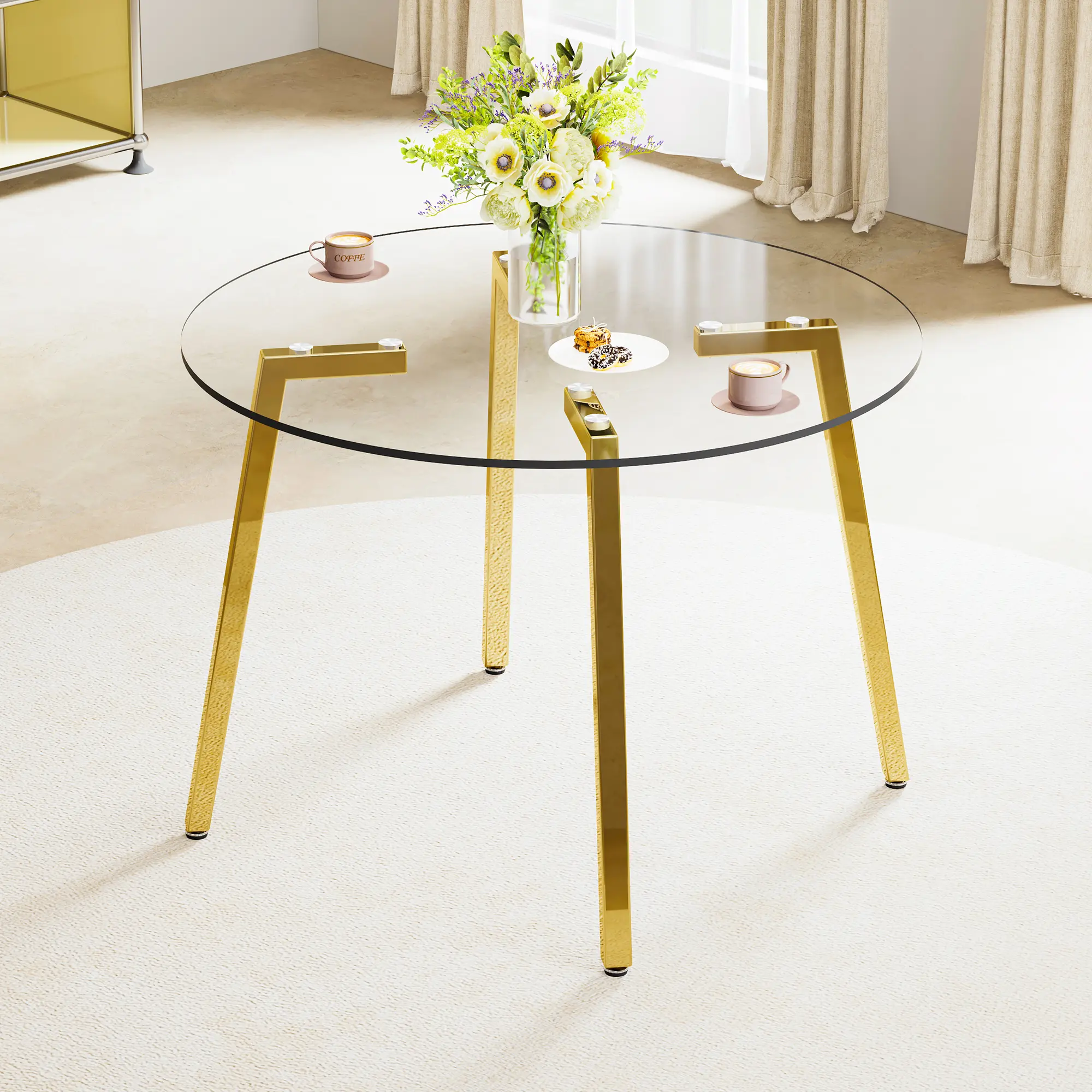 42" Round Tempered Glass Dining Table for Kitchen, Modern Clear Glass Top with Gold Metal Legs, Small Breakfast Table for Living Room, Easy Assembly diamond furniture crushed