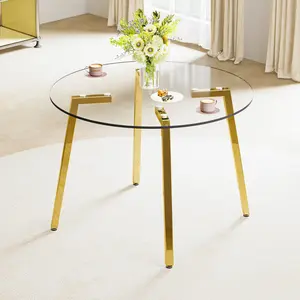 42" Round Tempered Glass Dining Table for Kitchen, Modern Clear Glass Top with Gold Metal Legs, Small Breakfast Table for Living Room, Easy Assembly diamond furniture crushed
