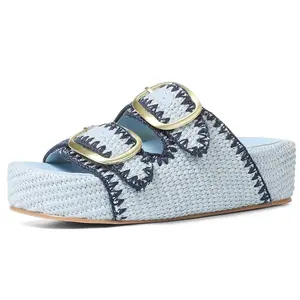 Platform Sandals For Women Raffia Espadrilles Open Toe Flatform Slip On Slide Casual Woven Summer Beach Sandals