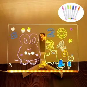 (7 Pens Included) 1 Creative Rewritable Message Board, Message Board Night Scene Transparent Drawing Board with Light, Suitable for Home Bedroom Desktop Decoration Children's Drawing Board, Magic Pen, Permanent Chalk, Navy Crayon