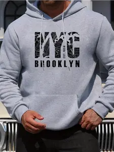 Men's Pullover Hooded Sweatshirt, Classic NYC Brooklyn EST. 1634 Print Casual Street Style, Warm and Soft for Daily Wear and City Life