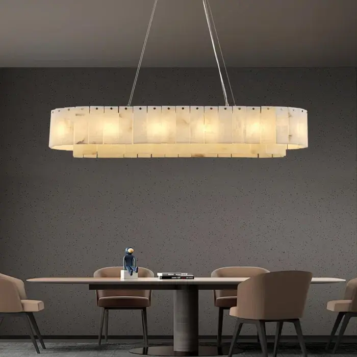 14-Lights Drum Rectangle Alabaster Chandelier for Living Dining Room Lighting Fixture