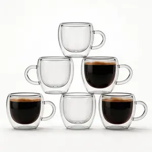 2.5oz Double Walled Espresso Coffee Cups Set of 6 with Handle,Express Shots Glass Cup,Tazas de Cafe Expreso,Espresso Drinkware,Borosilicate, Aesthetic Handmade