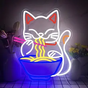 1pc Dimmable Neon Cat Ramen Sign, Japanese Lucky Cat Noodle Ramen Led Sign for Wall Decor Restaurant Home Bar Kitchen Dining Room, Decorative Neon Light