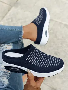Women’s Knit Backless Mule Sneakers, Slip-On Casual Footwear with Air-Injected Soles and Hollowed Knit Uppers for Everyday Wear, Walking and Errands, Walking Shoes