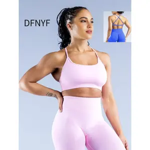 DFNYF Women's 2-Piece Stretchy Exercise Activewear Set - Yoga Gym Outfits with High-Elasticity Shockproof Full-Matte Nylon Cross-Back Deep Backless Halter Crop Bra, Scrunch-Butt Fitness Compression Leggings (With Logo)