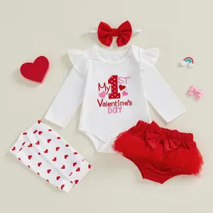 Newborn Baby Girls Valentines Outfits Long Sleeve Letter Heart Embroidery Romper PP Shorts Headband Leg Warmers Sets 0-12 Months