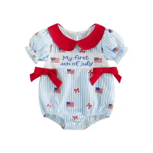 Infant Baby Girl 4th of July Romper with Bows Striped American Flag Short Sleeve Doll Collar Bubble Jumpsuit Summer Clothes 0-18 Months