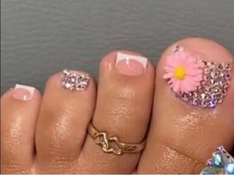 Pink Bling FLoral French Tip Press On Toe Nails with Rhinestones Sturdy False Fake Reusable Design for Versatile Occasions