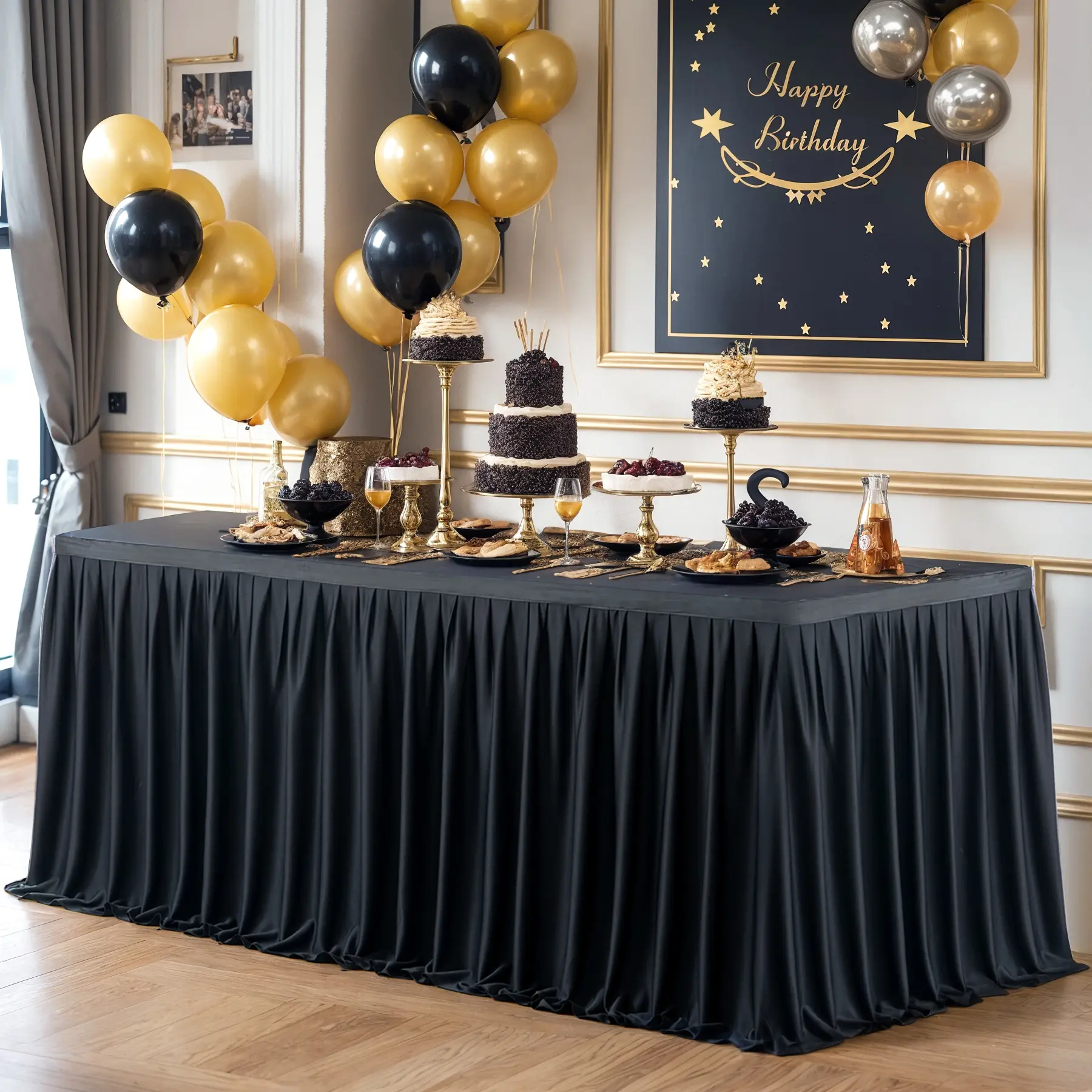 Pleated Ruffle Rectangle Table Skirt - Front-Only Coverage for 6-9FT Tables, Classic Fabric Tablecloth for Birthday Party Decorations & Holiday Haunted House Decor,summerwins summerwins
