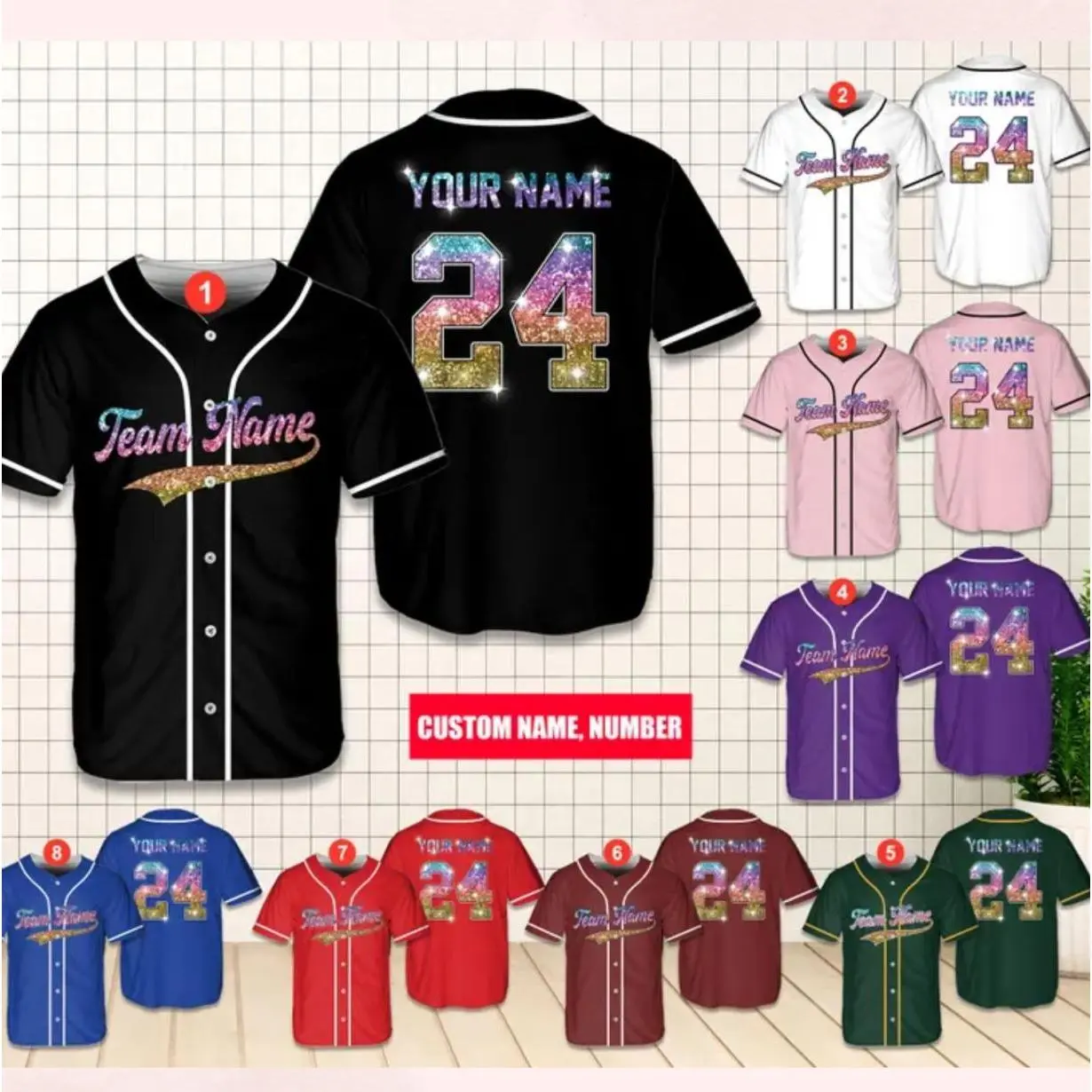 Personalized Name PRINTED GLITTER Baseball Jersey, Custom Color Ombre Bling Jersey, Full Size Range, Perfect Fit for Everyone