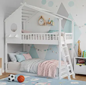 Wood Twin Over Twin House Bunk Bed, Loft Bed with Ladder, Safety Guardrail, Wooden Slats & Window, Kids Twin Bed Frame for Teens Juniors, Freely Decorative House Roof