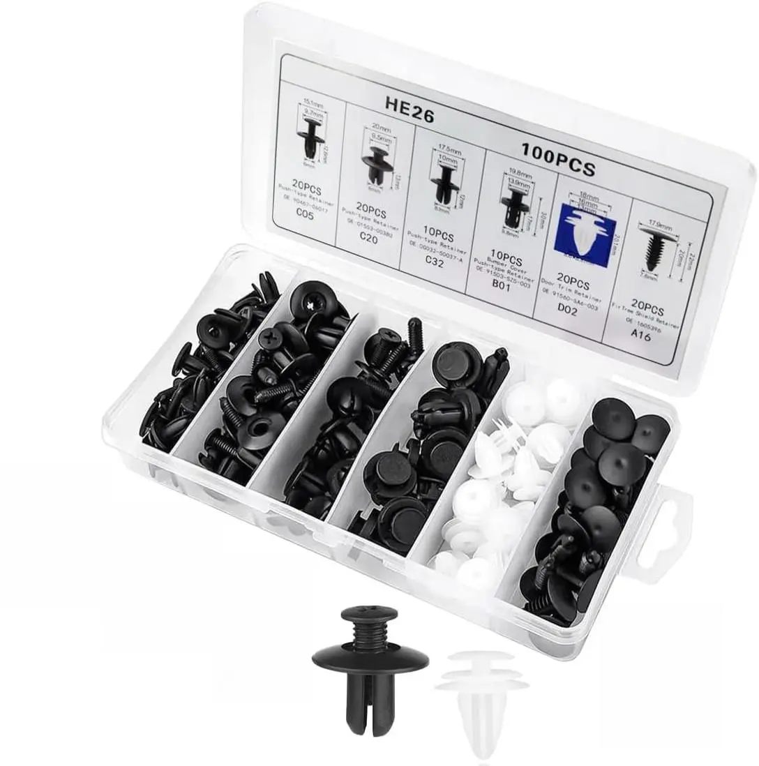 100PCS Bumper Retainer Clips Car Body Trim Clips Set, 6 Sizes Universal Plastic Rivets Fasteners Push Type Retainer Kit, Push-in Screws Fenders Panel Clips Car Accessories with Storage Box