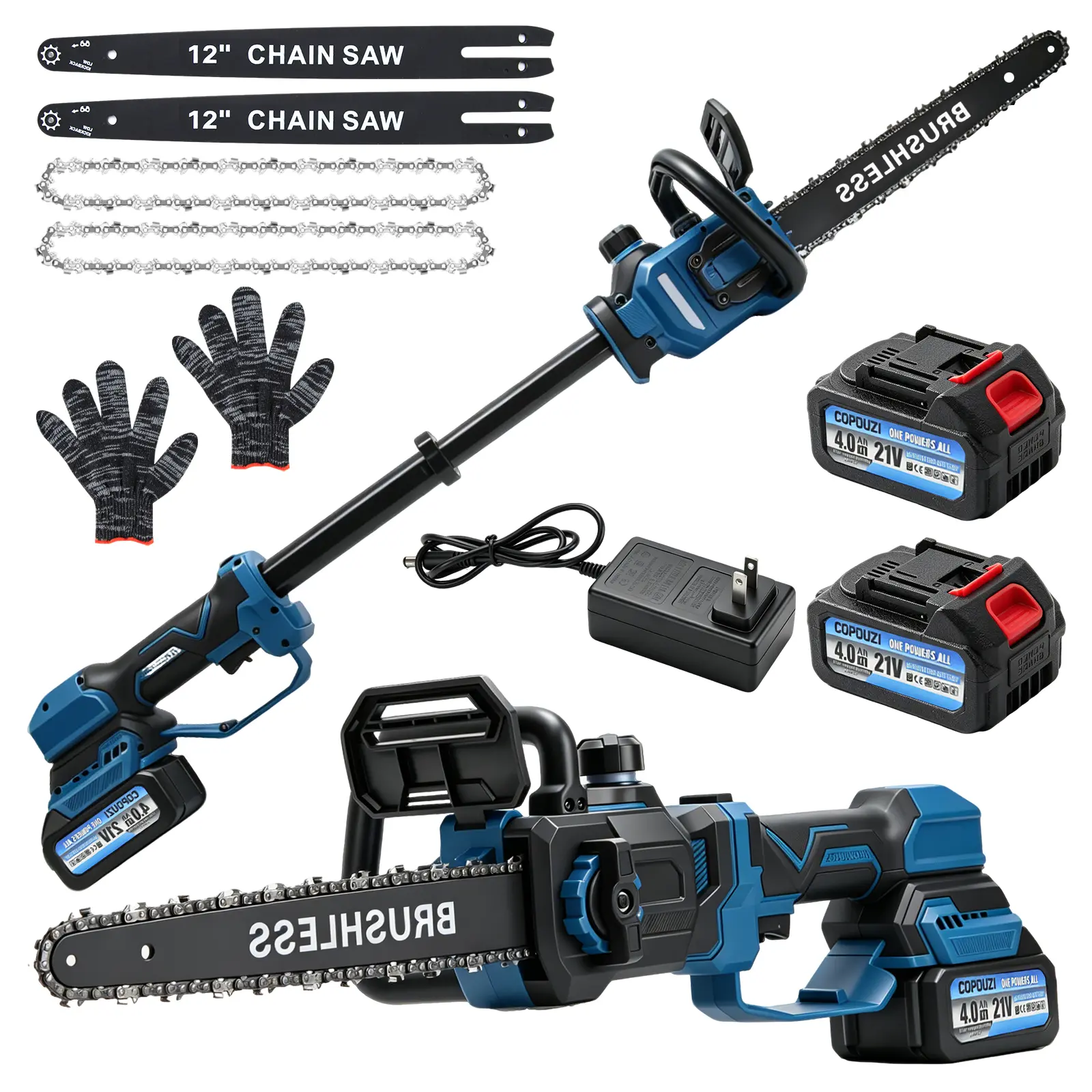 12" 2-IN-1 Brushless Telescopic Chainsaw, 21V Cordless Chain Saw with 2×4.0Ah Batteries & Charger, Tool-Free Tension Adjustment for Tree Trimming & Wood Cutting