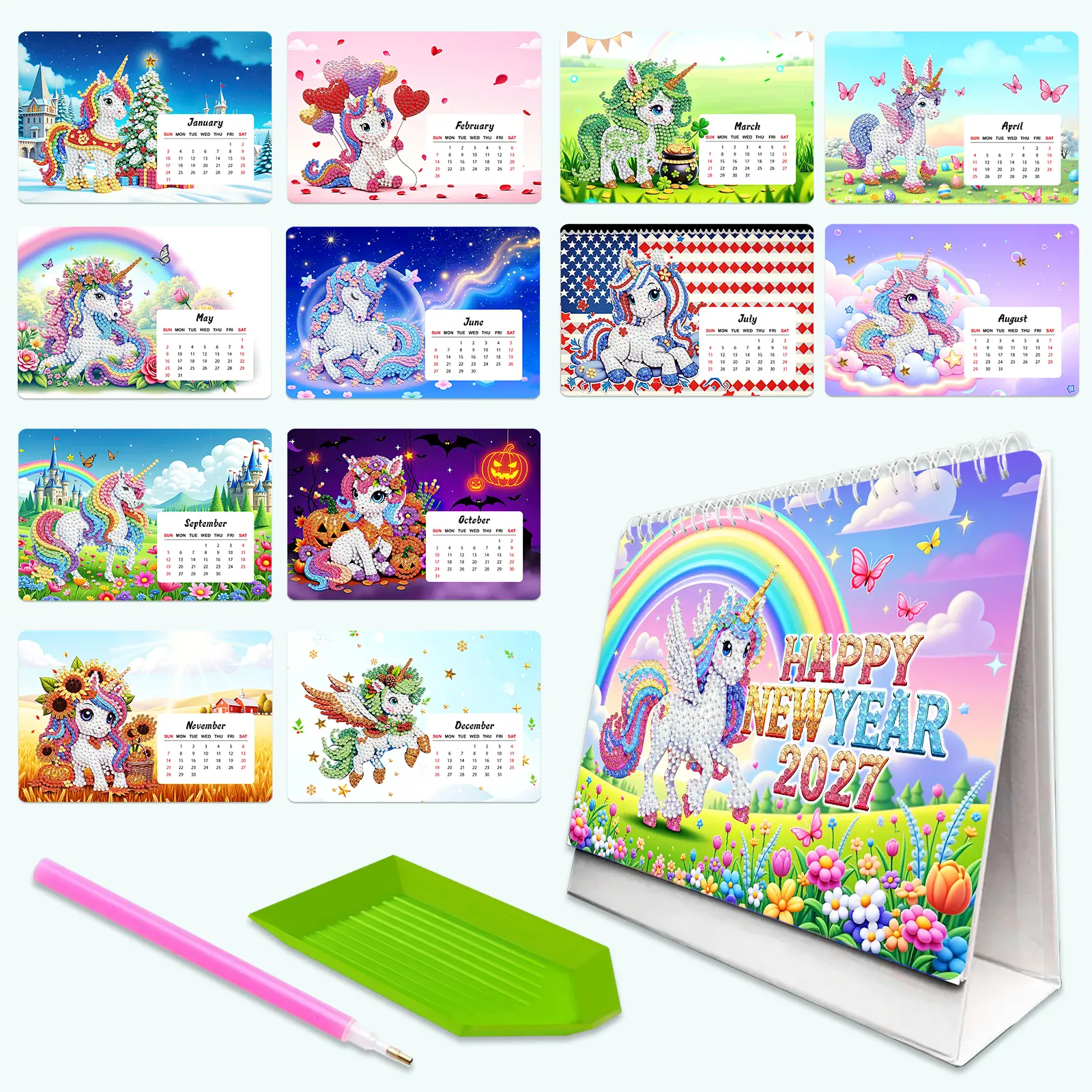 【New Arrival】2027 Crystal Diamond Painting Cross Stitch Desktop Calendar Kit - Spiral-Bound DIY Handmade Paper Calendar with 12 Monthly Sheets, Pen, Tools, Animal Design, All Seasons Use, Calming Mood Office Stress Relief Christmas Gift, Unicorn, Beginner