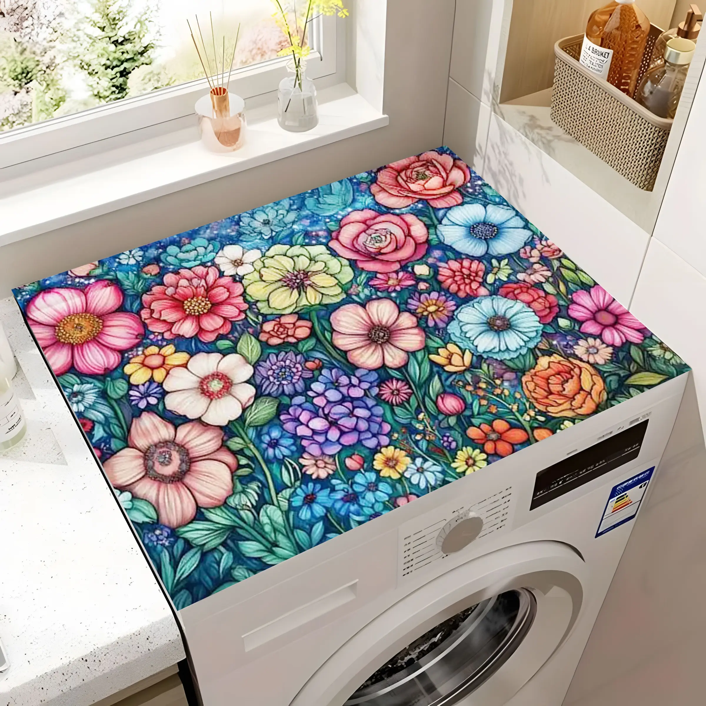 Vibrant Flower Floral Washing Machine Dust Pad, Absorbent Countertop Mat, Fast Drying Refrigerator Pad, Microwave Dust Cover, Modern Washer and Dryer Lid, Household Decor