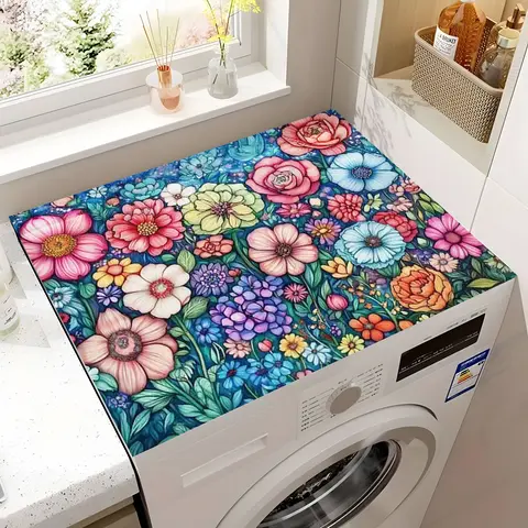 Vibrant Flower Floral Washing Machine Dust Pad, Absorbent Countertop Mat, Fast Drying Refrigerator Pad, Microwave Dustproof Cover, Dustproof Design Covers, Modern Washer and Dryer Lid, Household Decor