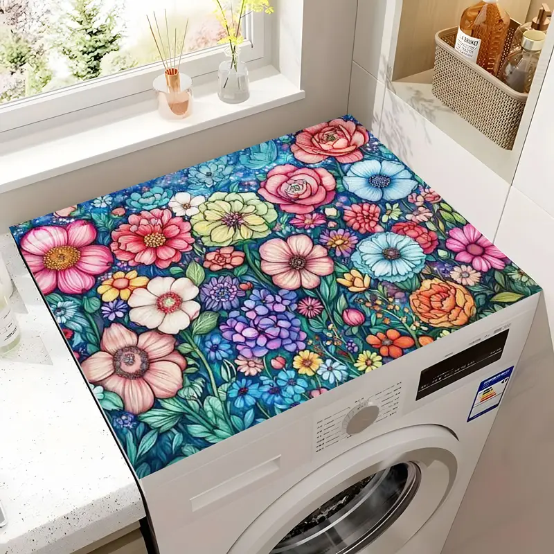 Vibrant Flower Floral Washing Machine Dust Pad, Absorbent Countertop Mat, Fast Drying Refrigerator Pad, Microwave Dustproof Cover, Dustproof Design Covers, Modern Washer and Dryer Lid, Household Decor
