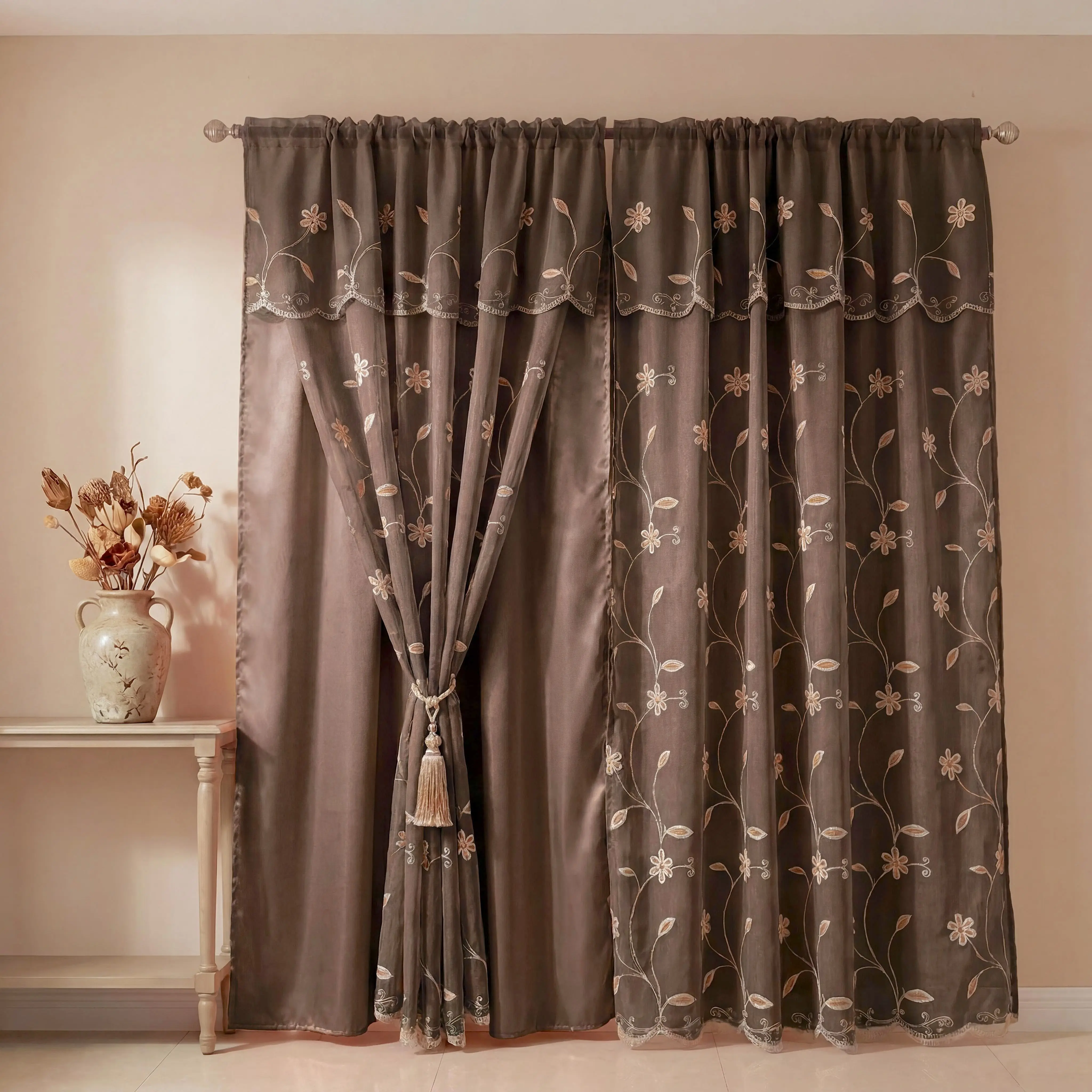 2-Panel Vine Floral Embroidery Blackout Curtains, 52"x84" Double-Layer with Waterfall Valance & Rod Pocket, QF29 Summer Home Textile Accessory for Living Rooms, Bedrooms