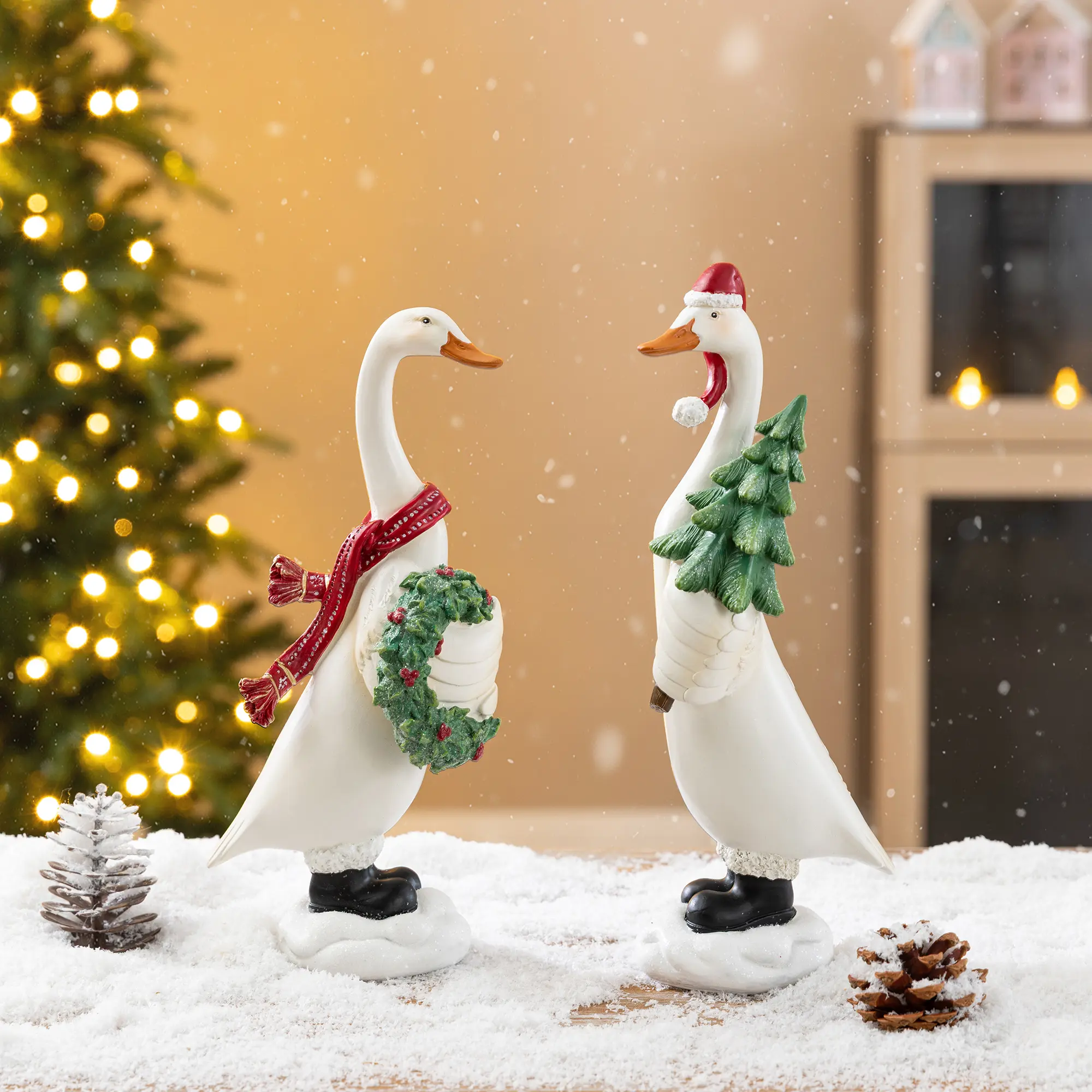 Glitzhome 9.75"H S/2 Christmas Resin Goose with Wreath and Tree Table Decor