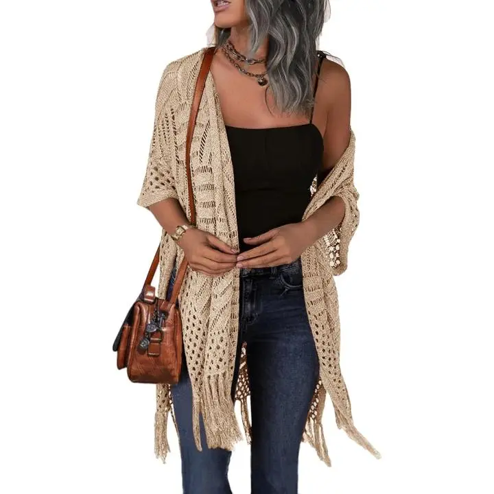 Womens Knit Cardigan Oversized Open Front Outwear Summer Hollow Out Crochet Tassel Lightweight Kimonos Sweater Outdoorfun 2026 Womenswear Overall Style Knitwear Piece Tops thin summerwins,back to school
