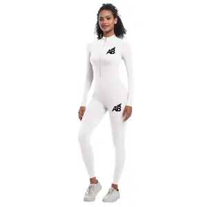 Women's Slim Fit Full-Length Stretch Fabric Zip-Up Front Bodycon Jumpsuit - 1-Piece Unitard, Sexy Sports Activewear for Fitness & Casual - Large White Yoga Jumpsuit