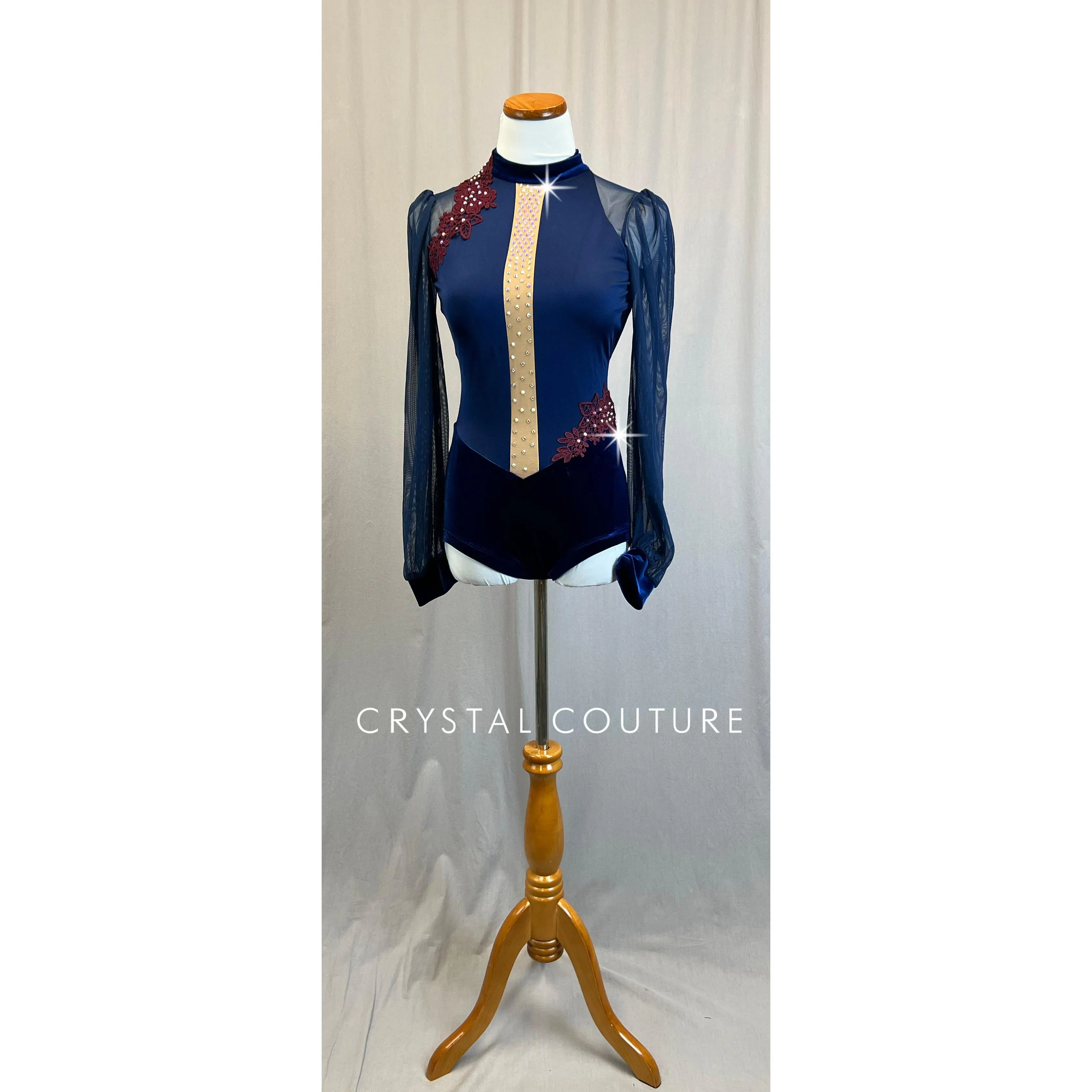 *Brand new* Navy Lycra and Velvet Puff Sleeve Leotard with Maroon Appliques -Rhinestones