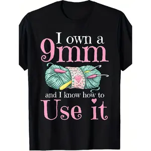 Funny Crochet Yarn Lover T-Shirt |   I Own a 9mm & Know How to Use It Graphic with Yarn & Hook Design - Unisex Retro Crochet Enthusiast Gift 220gsm Heavyweight Tee for Men & Women All-Season, Casual Style, Crew Neck, Short Sleeve, Slight Stretch