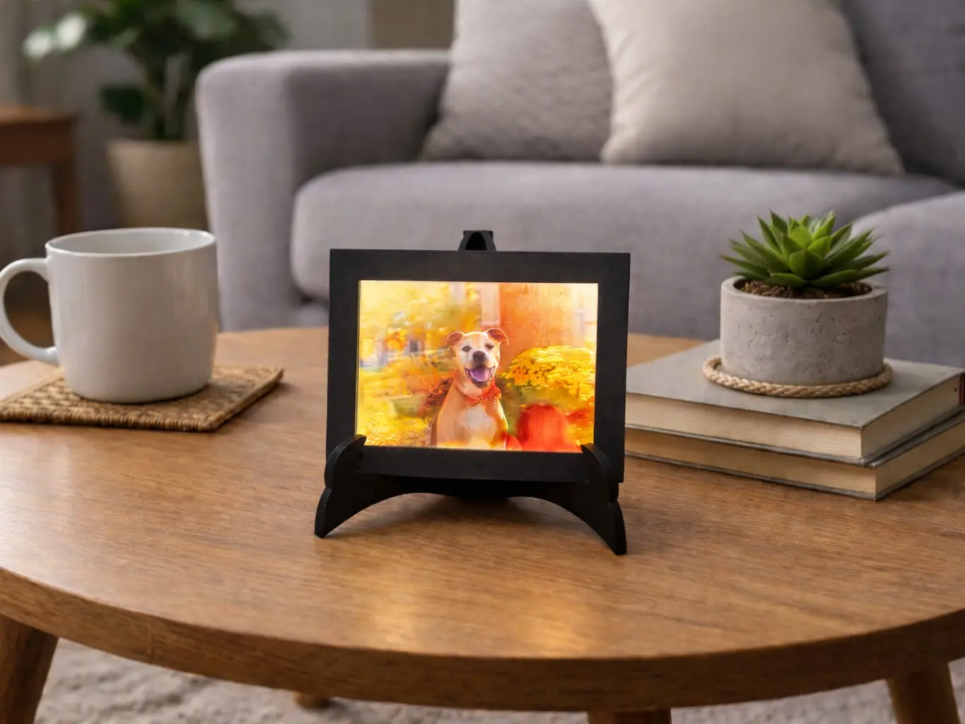 Custom Picture Frame - Personalized Photo Display with a glow for Home Decor - Stylish Black Stand - Perfect for Pet Portraits - Ideal for Living Room