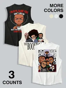 Boondocks Anime Print Vest Set, Vest Tank Top, Vintage Street Style Loose Fit Sleeveless Top, Casual Cartoon Letter Pattern, Three-Piece Combo, Menswear