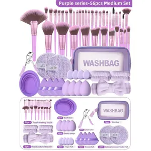 56PCS Makeup Tools: Waterproof Multi-Func Cosmetic Bag+36PCS Brushes+4PCS Sponges+4PCS Triangle/Mini Air Cushion Puffs+2PCS Cleansing Sponges+Eyelash Curler+Hairband+2PCS Bowl Straps+Brush Cleaner