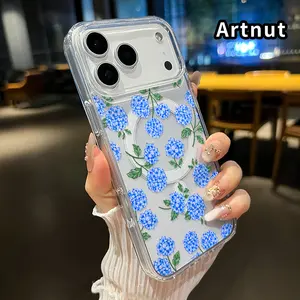Magnetic Phone Case for iPhone 17 Pro Max 16 Plus 15 14 13 12 11 Air E Blue Hydrangea Pattern Acrylic Back Silicone Edges Waterproof Mobile Phone Cover for boy girl