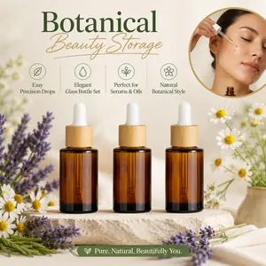 3 Pack Amber Glass Dropper Bottles Set with Bamboo Caps, Refillable Serum & Essential Oil Bottles, Skincare, Beauty, Travel, DIY Blends