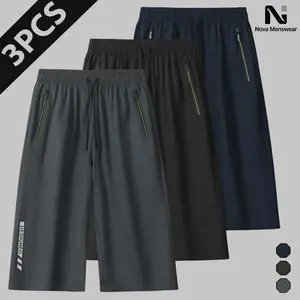 Men's Casual 3 Pack Solid Color Capris, Drawstring Waist Zipper Pocket Side Letter Print Wide Leg Bottoms, Stylish Streetwear Summer Pants for Daily Wear Travel and Outdoor Activities
