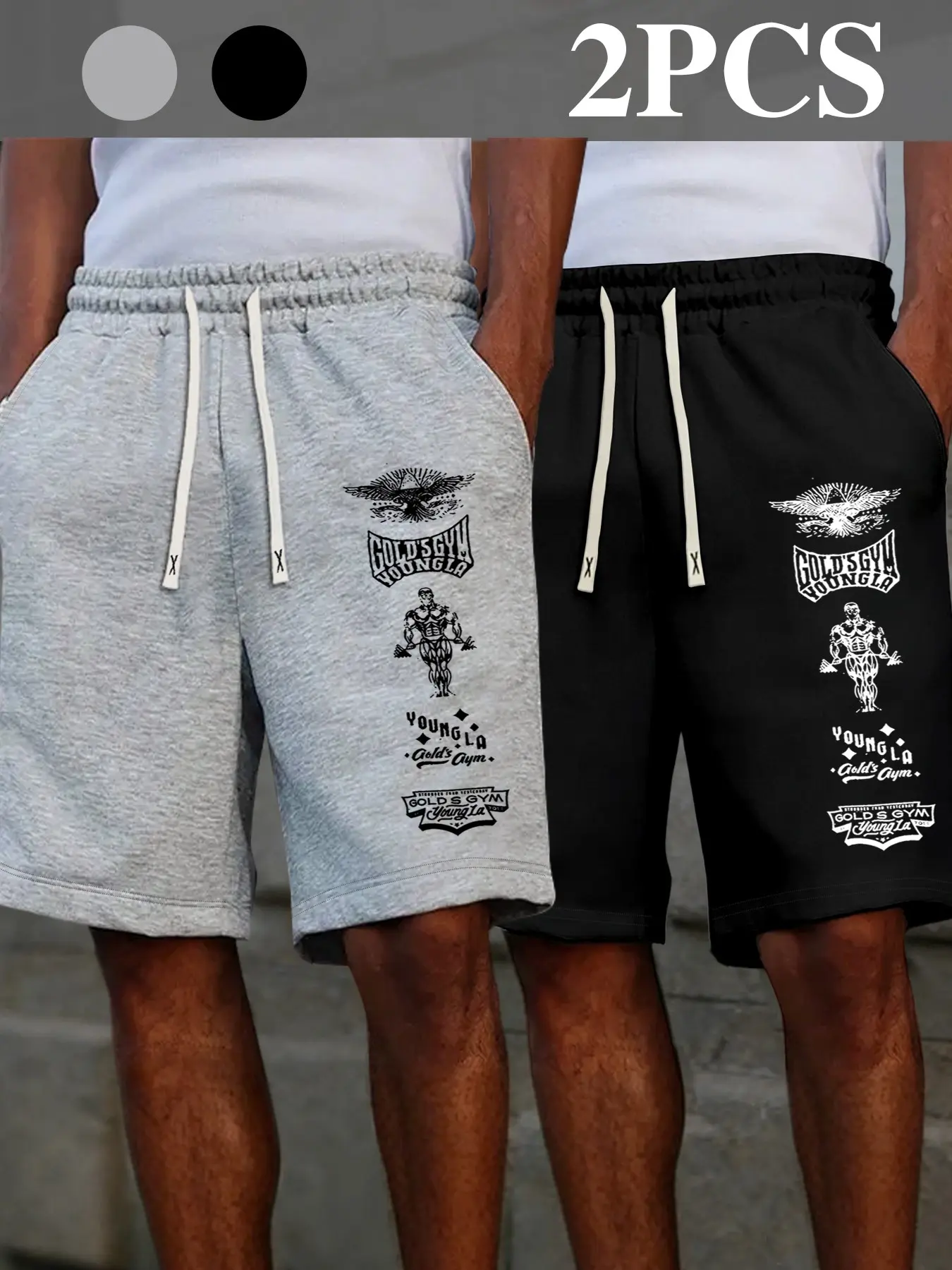 Men's Summer Eagle Logo Muscle Workout Athletic Sportswear Graphic Drawstring Waist Shorts, Drawstring Active Shorts, Casual Breathable Versatile Pants Set of 2