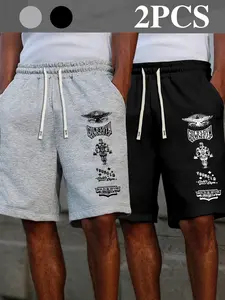 Men's Summer Eagle Logo Muscle Workout Graphic Drawstring Waist Shorts, Casual Breathable Versatile Pants Set of 2