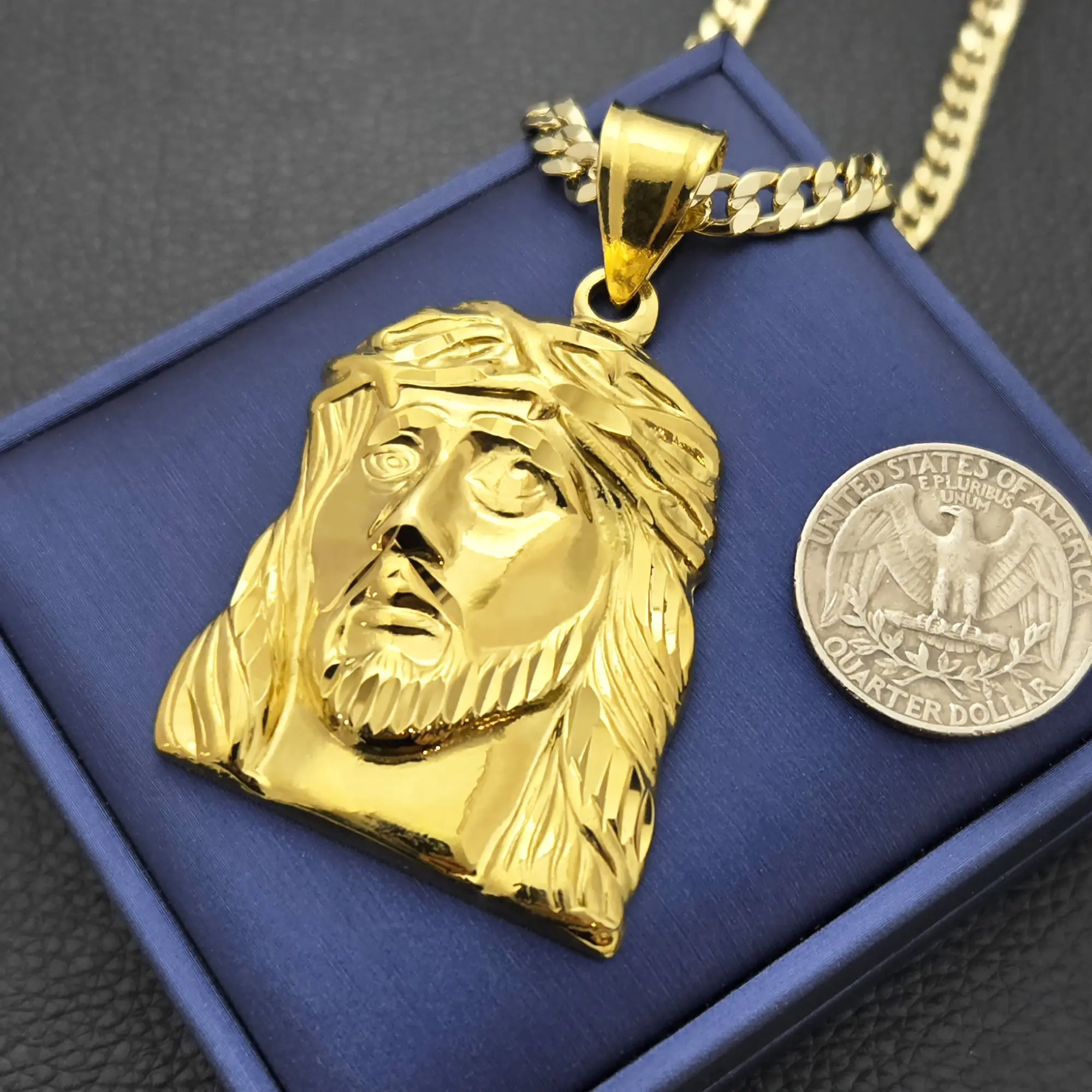 MaxBling81 AAA+ Brass Jesus Portrait Pendant Necklace, 14K Stamped, 5mm 20"-24" Hip Hop Style Long Cuban Chain, High-End Religious Fashion Costume Jewelry
