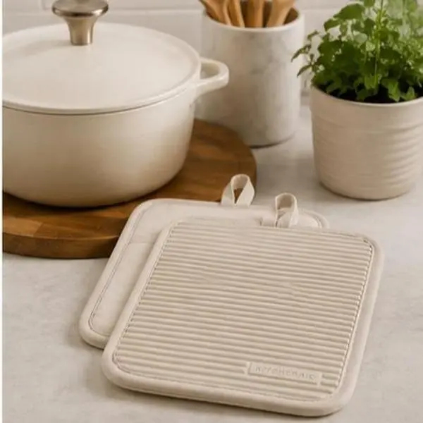 Heat Resistant Silicone Pot Holders, Set of 2, Ribbed Non-Slip Kitchen Hot Pads with Hanging Loops, 7 x 9 Inch, Milkshake Tan  Option 5