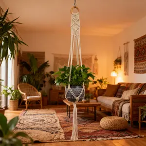 Aztec Ceramic Pot Clay Indoor Plant Decor 43" H Hanging Macrame Planter with Aztec Design and Durable Ceramic and Rope Material
