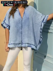 Women's Batwing Sleeve Lightweight Ruffled Cardigan Shirt, Casual Summer Top for Fashionable, Aesthetic Loose-Fitting Elegant Blouse, Light Wash, Casual Boho Fashion, Boho Cottagecore Blouse