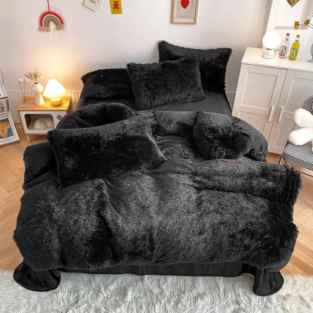 Faux Fur Plush Black Comforter Sets King - Soft Shaggy Flannel Velvet Fuzzy 3PC Bedding Set Comforter x 1 Pillowcases x 2