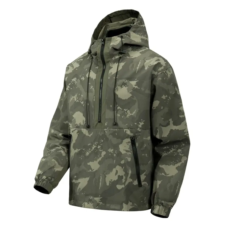 Men's Camouflage Anorak Hooded Windbreaker Half-Zip Pullover Outdoor Multi-Pocket Jacket