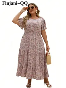 Plus Size Women's Casual Loose Boho Style Womenswear Holiday Style Short Sleeve Dress, Full Floral Design, Perfect for Daily Wear and Vacation