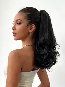 Natural Black Drawstring Ponytail Extension for Women 14 inch Loose Curly Ends Straight Drawstring Ponytail Synthetic Slight Kinky Straight Pony Tail Hairpieces for Daily Use